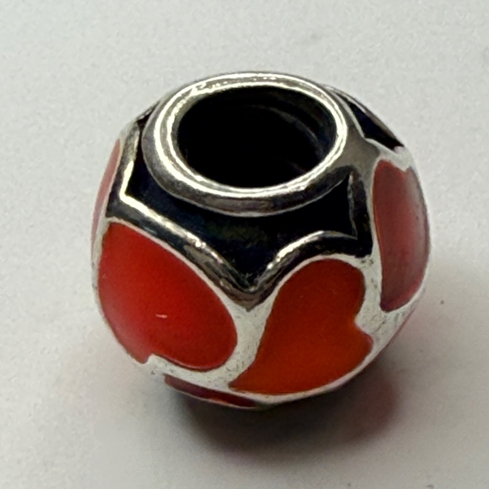Pandora Red Enamel Hearts Charm Sterling Silver Threaded Core Retired